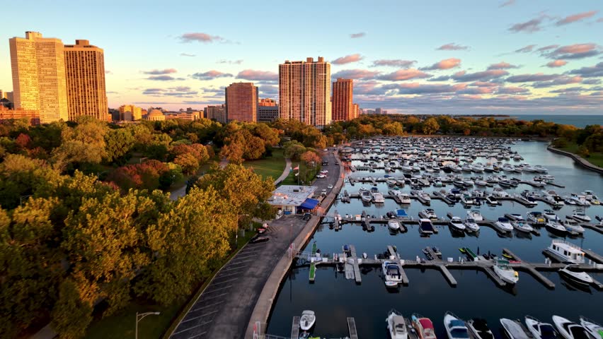 aerial over marina in chicago illinois