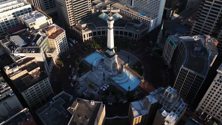 Establishing Aerial View of Monument Circle at Dawn in Indianapolis