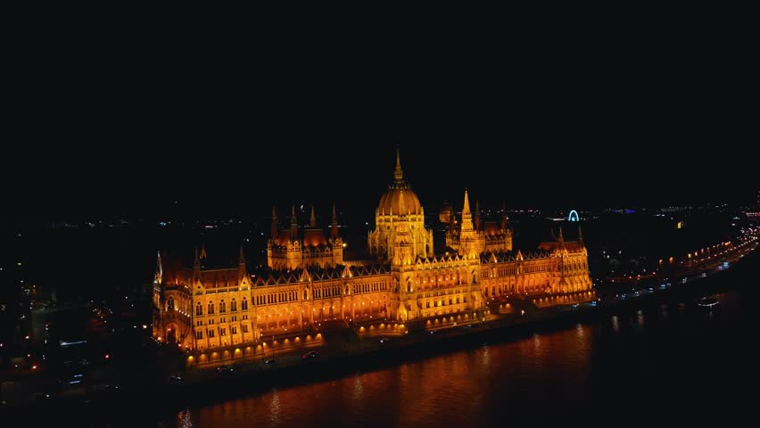 4K cinematic drone view of the iconic Hungarian Parliament at night - Budapest - Hungary047