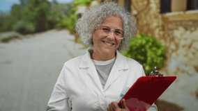 Elderly woman with curly grey hair in a lab coat holding a red clipboard on a city street background. - Powered by Shutterstock - Get 15% off with code: PIKWIZARD15
