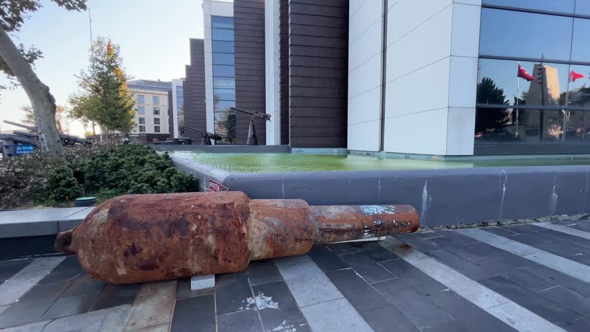 Obsolete torpedo near Istanbul Naval Museum at Besiktas District in Istanbul, Turkey. The Naval Museum is one of the most eminent naval museum in Turkey. (4K video)