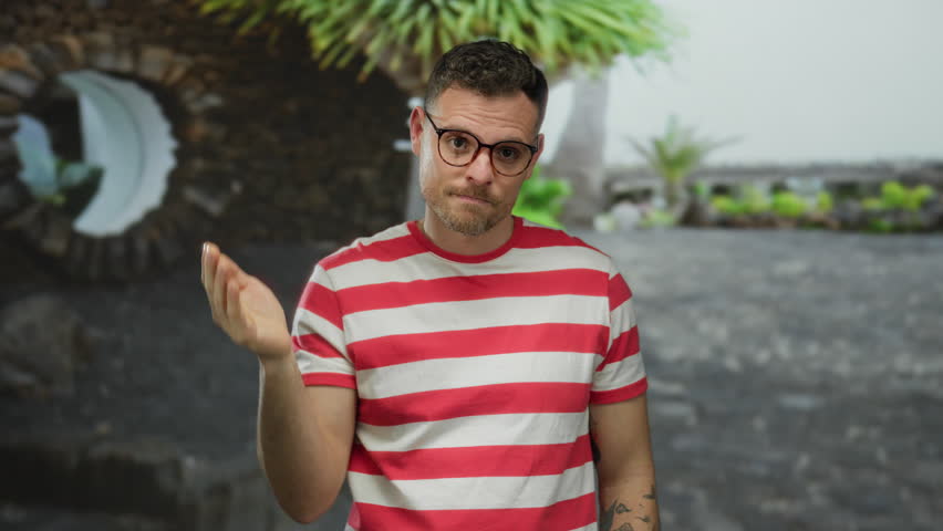Man with tattoos in red striped shirt standing outdoors with plants and stone wall in background, looking curious.