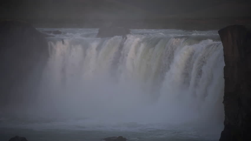 Spectacular Godafoss Horseshoe-shaped Waterfalls In Northern Iceland. Slow Motion Shot