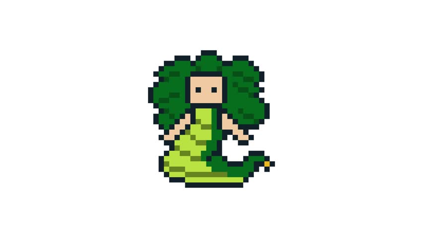 8-bit pixel art greek mythology monster medusa. looped animation 4k 30fps