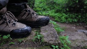 A boy with a backpack walking into a dense tropical forest, his shoes stepping onto a small stone stair before he disappears into lush greenery — cinematic travel adventure shot seen from behind - Powered by Shutterstock - Get 15% off with code: PIKWIZARD15