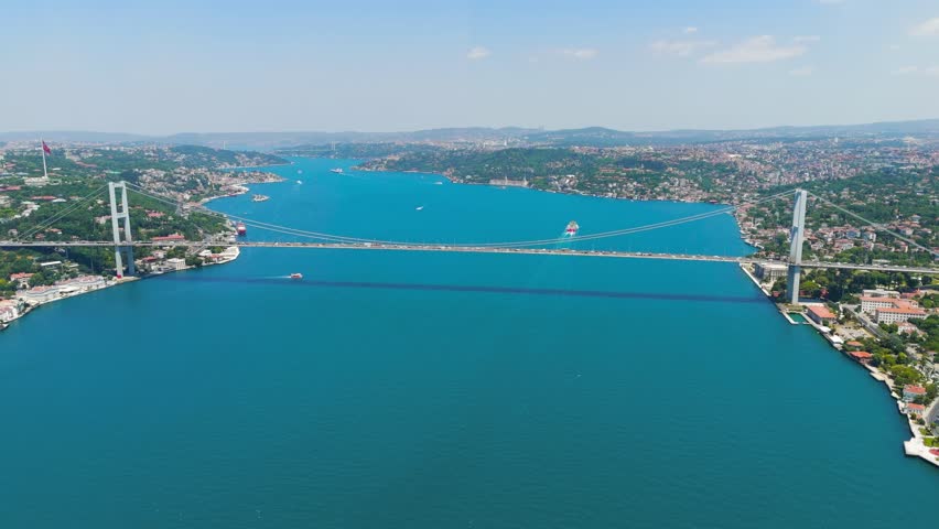 Istanbul, Turkey. Panoramic aerial view of Istanbul skyline with 15 July Martyrs Bridge over Bosphorus strait on a clear summer day. Aerial View, Point of interest