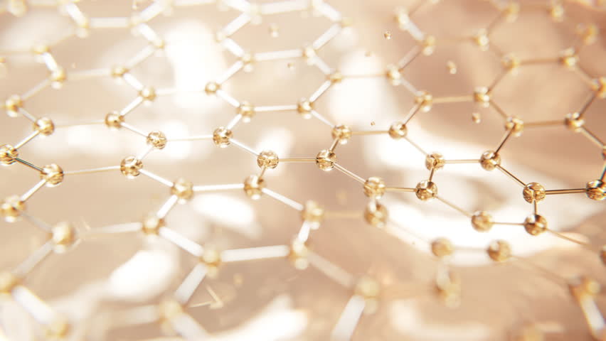 3D golden molecule network with soft glow. Ideal for premium skincare, peptide science, and luxury cosmetic background visuals.