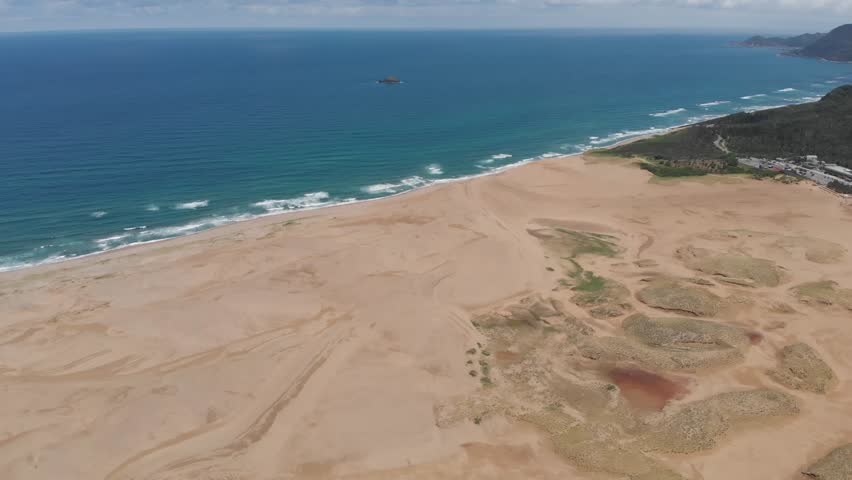 Aerial Landscape of Tottori Sand Dunes, Sea Horizon in Tottori Prefecture Japan