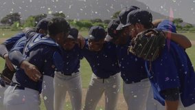 Baseball team forming huddle on infield, leader addressing group under cascading confetti cheering. Team, camaraderie, celebration, victory, sportsmanship, unity, motivation - Powered by Shutterstock - Get 15% off with code: PIKWIZARD15