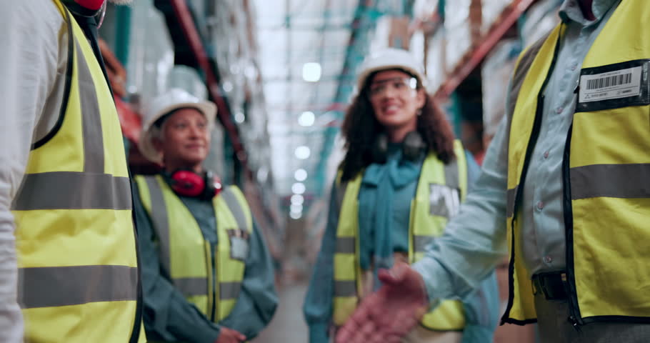 Logistics deal, people or shaking hands in warehouse for outbound partnership, B2B or integration. Celebration, courier or shipping company with handshake for cargo handling offer or export agreement