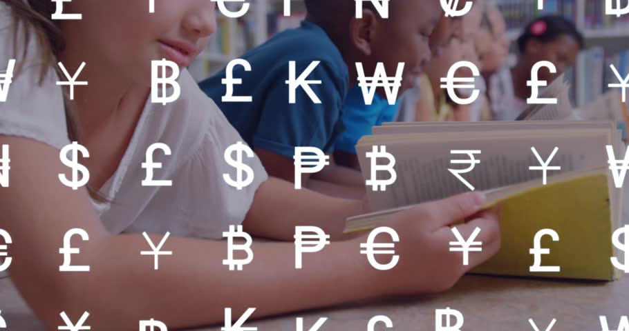 Girl in white tee turning pages at library table showing animated icons with educational overlays. Children, literacy, education, library, learning, teamwork, study