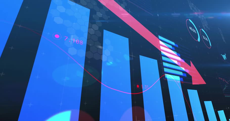 When red arrow appearing over blue bars camera shifting rightward chart illustrating market decline. Data, visualization, analytics, dashboard, technology, finance, statistics