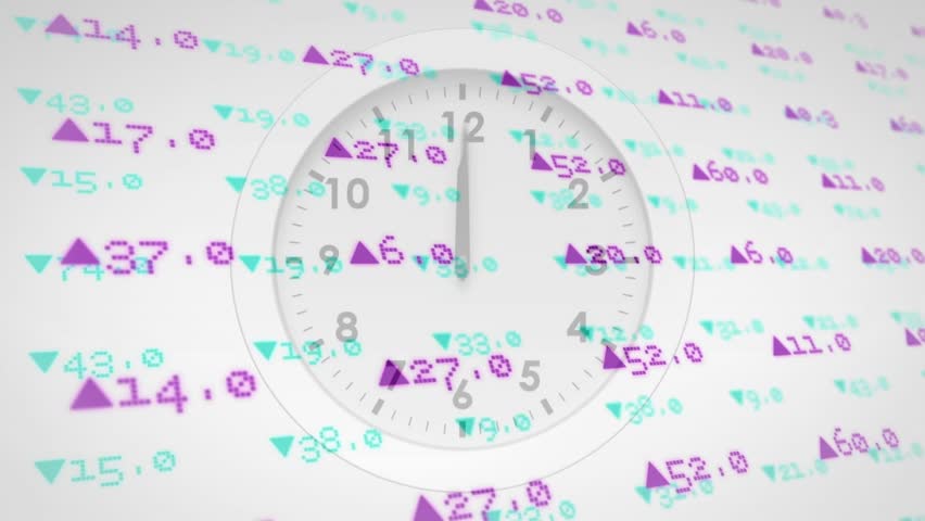 On animation start clock hands moving clockwise illustrating time flow with market arrows shifting. Minimalist, dynamic, data visualization, financial, futuristic, sleek, corporate - Powered by Shutterstock - Get 15% off with code: PIKWIZARD15