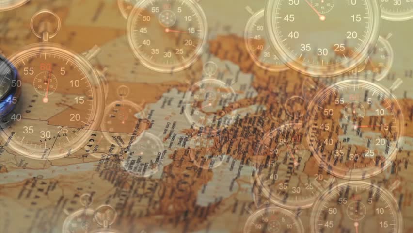 Brass compass resting on antique map, stopwatches appearing, layering and fading, depicting time. Vintage, navigation, chronology, exploration, heritage, craftsmanship, detail