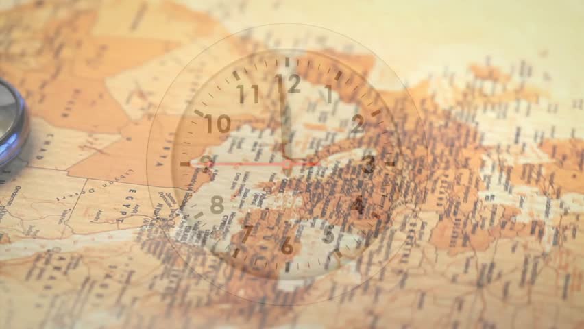 Starting clock hands moving over map, compass staying still as camera panning eastward showing time. Cartography, navigation, exploration, vintage, heritage, geographic, travel