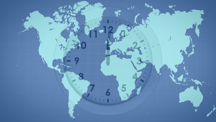 Clock hand sweeping clockwise, lines drawing across world map, nodes pulsing for network status. Global, connectivity, technology, network, digital, communication, data - Powered by Shutterstock - Get 15% off with code: PIKWIZARD15