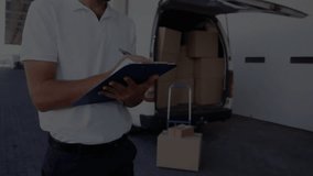 Driver checking cargo on clipboard, network overlay expanding over van doors confirming logistics. Logistics, fleet, inventory, transportation, digital, connectivity, supplychain - Powered by Shutterstock - Get 15% off with code: PIKWIZARD15