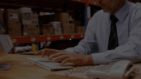 Man typing at logistics desk, profile icons generating network overlaying man and shelves. Technology, connectivity, data, digital, enterprise, professional, infrastructure - Powered by Shutterstock - Get 15% off with code: PIKWIZARD15