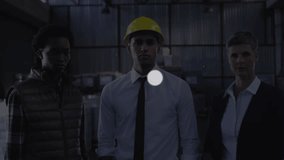 Three professionals in site as network overlay fading in and expanding showing tech connectivity. Collaboration, teamwork, industrial, digital, connectivity, technology, structured - Powered by Shutterstock - Get 15% off with code: PIKWIZARD15