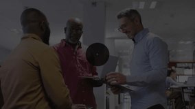 Initiating discussion team gathering around tablet, developing data network overlay in tech office. Technology, collaboration, innovation, connectivity, analytics, digital, corporate - Powered by Shutterstock - Get 15% off with code: PIKWIZARD15