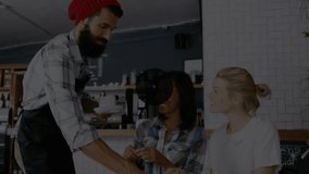 Barista leaning over counter toward women, smartphone icon initiating digital network connections. Technology, connectivity, social, collaboration, modern, communication, digital - Powered by Shutterstock - Get 15% off with code: PIKWIZARD15