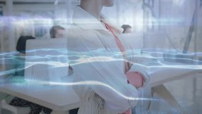 corporate employee reacting to light waves in office, turning to face camera smiling engaging team. Professional, collaboration, modernity, technology, communication, innovation, dynamic - Powered by Shutterstock - Get 15% off with code: PIKWIZARD15