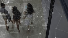 Team entering corridor with messenger bag and blue folder activating network overlay technology. Collaboration, innovation, technology, connectivity, urban, modern, professional - Powered by Shutterstock - Get 15% off with code: PIKWIZARD15