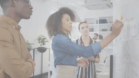 Colleagues writing points on whiteboard starting network-node overlay and refining business plan. Collaboration, brainstorming, teamwork, modern, digital, professional, innovation - Powered by Shutterstock - Get 15% off with code: PIKWIZARD15