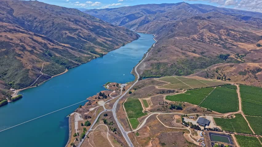Aerial of Clutha River in Cromwell Gorge, Central Otago, New Zealand