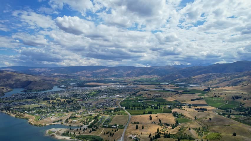 Aerial view of Lake Dunstan and rural Cromwell, New Zealand landscape