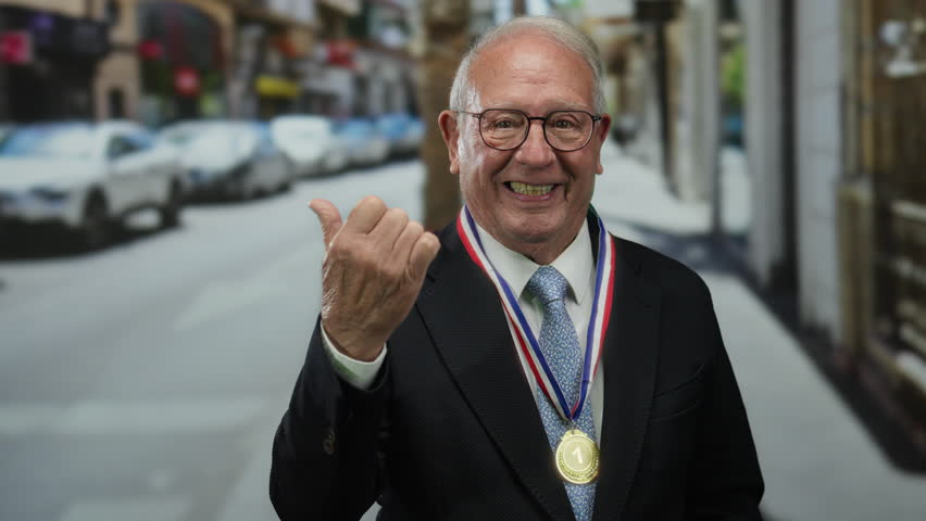Senior man in a suit with glasses smiling and pointing his thumb on the street wearing a medal around his neck with a blurred urban background.