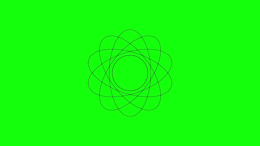 Animated atomic structure icon on green screen, minimal black line art, rapid short motion changes, quick glowing pulse and rotation, science and technology theme, smooth looping animation with subtle