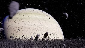 Saturn looms large in the background, showcasing its iconic rings. Surrounding debris scatters in space, hinting at the dynamic environment of this distant planet. - Powered by Shutterstock - Get 15% off with code: PIKWIZARD15