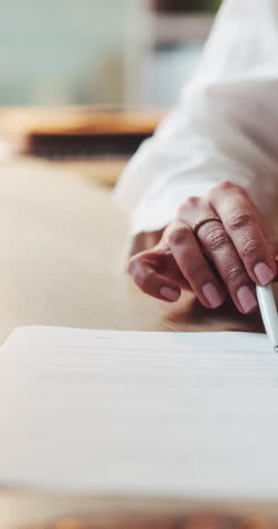 Business, signature and woman with documents, hands and contract for agreement, recruitment and deal. Closeup, person or candidate with paperwork, job application and info with registration or policy