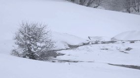 Snowflakes falling on a winter landscape with a creek flowing through the snow-covered hills - Powered by Shutterstock - Get 15% off with code: PIKWIZARD15