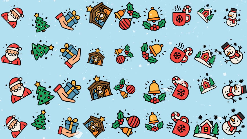 Doodle christmas themed icons in rows and columns, perfect for festive designs, holiday promotions, and social media posts.