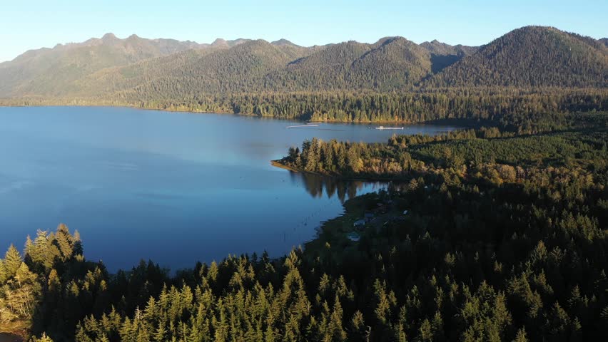 4K aerial drone footage of Quinault Lake in Olympic National Park, Washington State, USA, showing golden sunset light over calm blue water surrounded by evergreen forests and mountain landscape