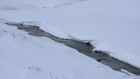 Mountain stream flowing through a snowy winter landscape. Small creek with clear water flowing through a beautiful pristine snow-covered environment - Powered by Shutterstock - Get 15% off with code: PIKWIZARD15