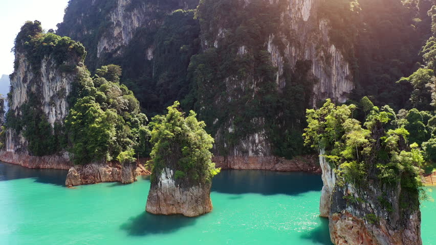 Aerial view of Limestone rocks in Ratchaprapha Dam at Khao Sok National Park, Surat Thani Province, Thailand.