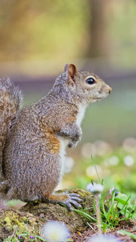 Close up of a squirrel sitting on a root in the park. Vertical