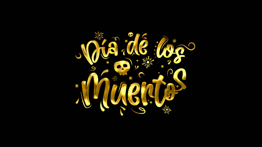 Golden dia de los muertos text and skull design perfect for festive invitations or mexicanthemed decor. Halloween party essential.
