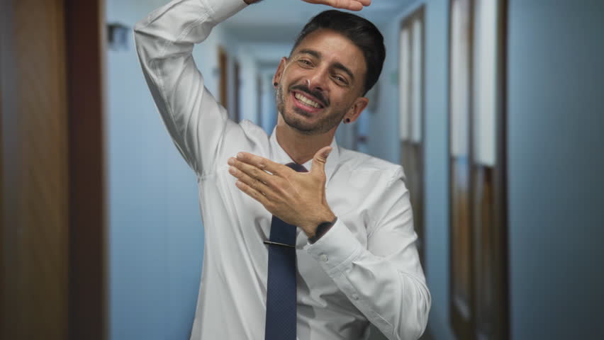 Man in white shirt and blue tie framing with hands in hotel corridor; creative vision confidence boldness.