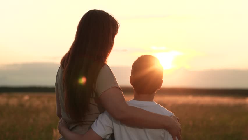 Happy family, people nature, mother hugging son sun, woman child kid walk outdoor, person parent son sunset, relatives hugging together, parent child embrace golden hour meadow, tender sunset hug