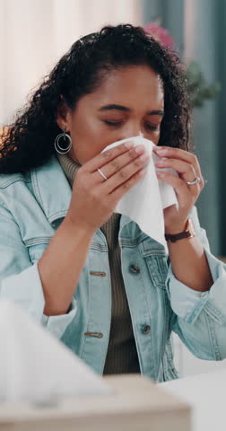 Sick, blowing nose or woman in clinic with tissue, influenza or cold in allergy season. Healthcare, virus or female person in hospital with paper napkin, congestion or viral flu in wellness risk.