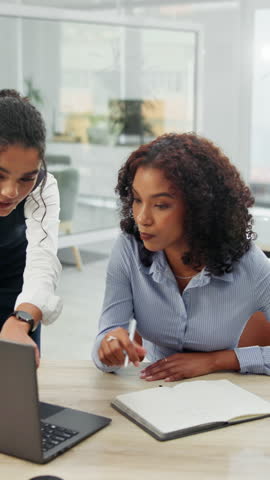 List, manager and woman with laptop in office, story feedback or article changes for publication. Talking, computer or digital copywriter with director for review, feature improvement or editing tips