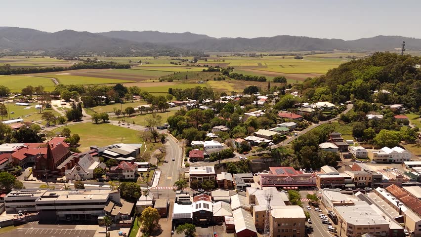 Drone footage of Murwillumbah looking north in northern New South Wales in Spring
