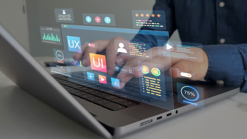 UX-UI design web and user design development.Holographic UIUX, display icons of UX-UI designer, creative planning, data visualization. Web design, application design,coding develop.