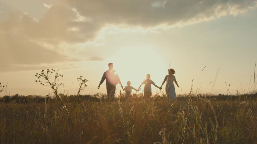 girl boy mother father running happy through park sunset, happy day family, children dream flying, group people holding hands running, parents children park, daughter son having fun holiday family