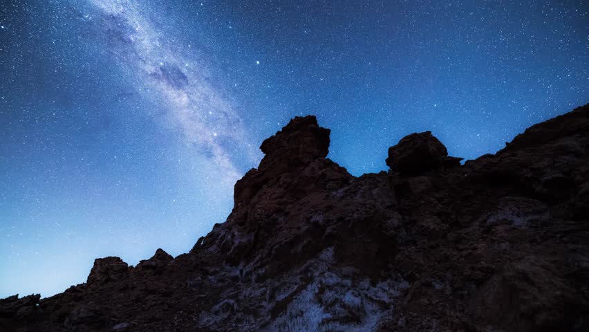 Stunning Milky Way galaxy stretches across starry night sky above rugged canyon rock formations in dramatic desert landscape time lapse photography scene.