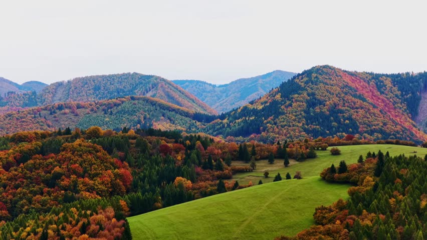 Breathtaking aerial footage of Sulov’s colorful forest-covered hills and valleys in full autumn bloom. A tranquil and scenic shot of Slovakia’s natural landscape, ideal for seasonal content.